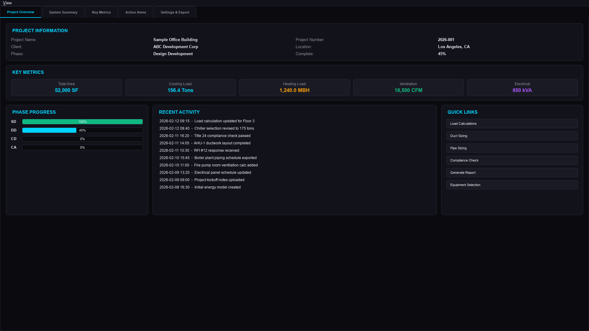 JΔS Engineering Suite - Project Dashboard with sidebar, workflow bar, and room load summary