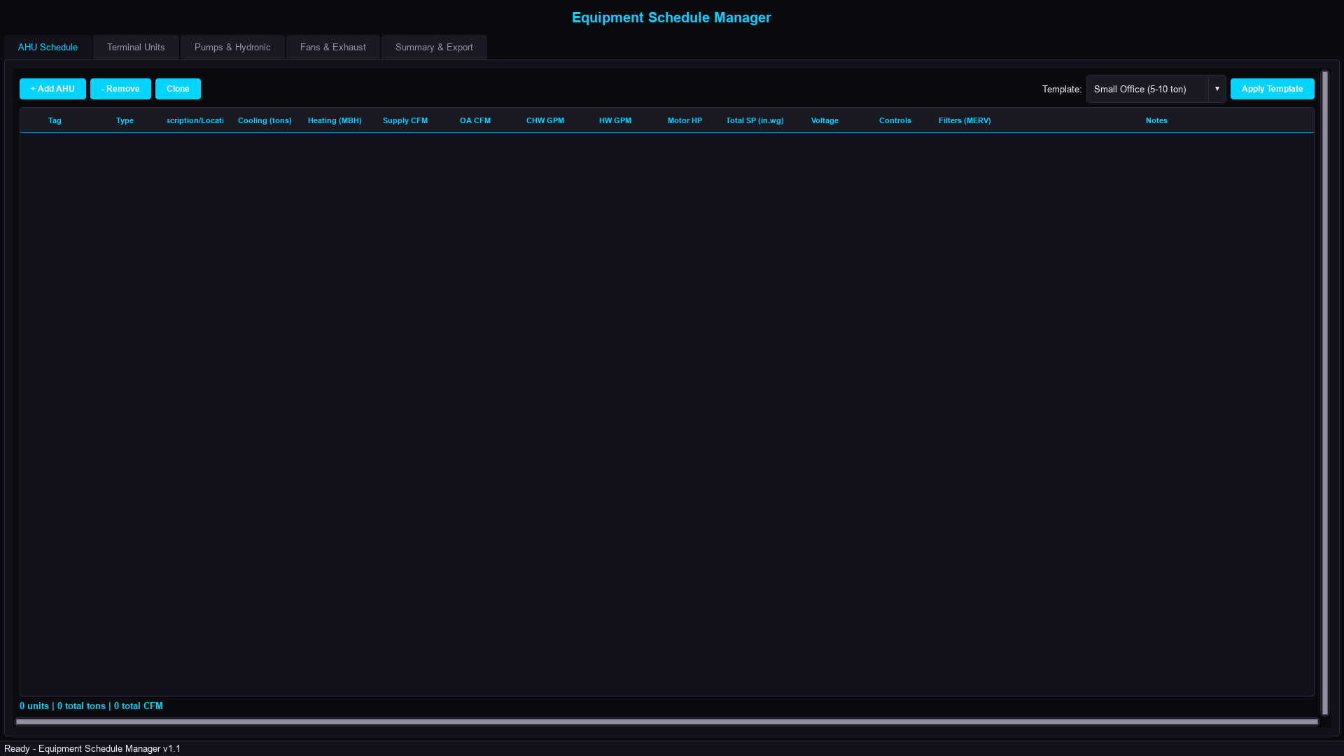 Equipment Schedule - tagged equipment list with manufacturer model selection and AHRI corrections
